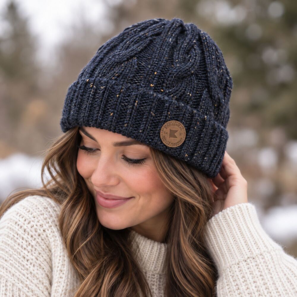 Kooringal Navy Speckled Cable Knit Beanie Winter Hat Leather Logo Patch